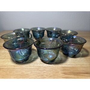 Vintage Indiana Blue Iridescent Carnival Glass Punch Cups Set of 8 - 1970's